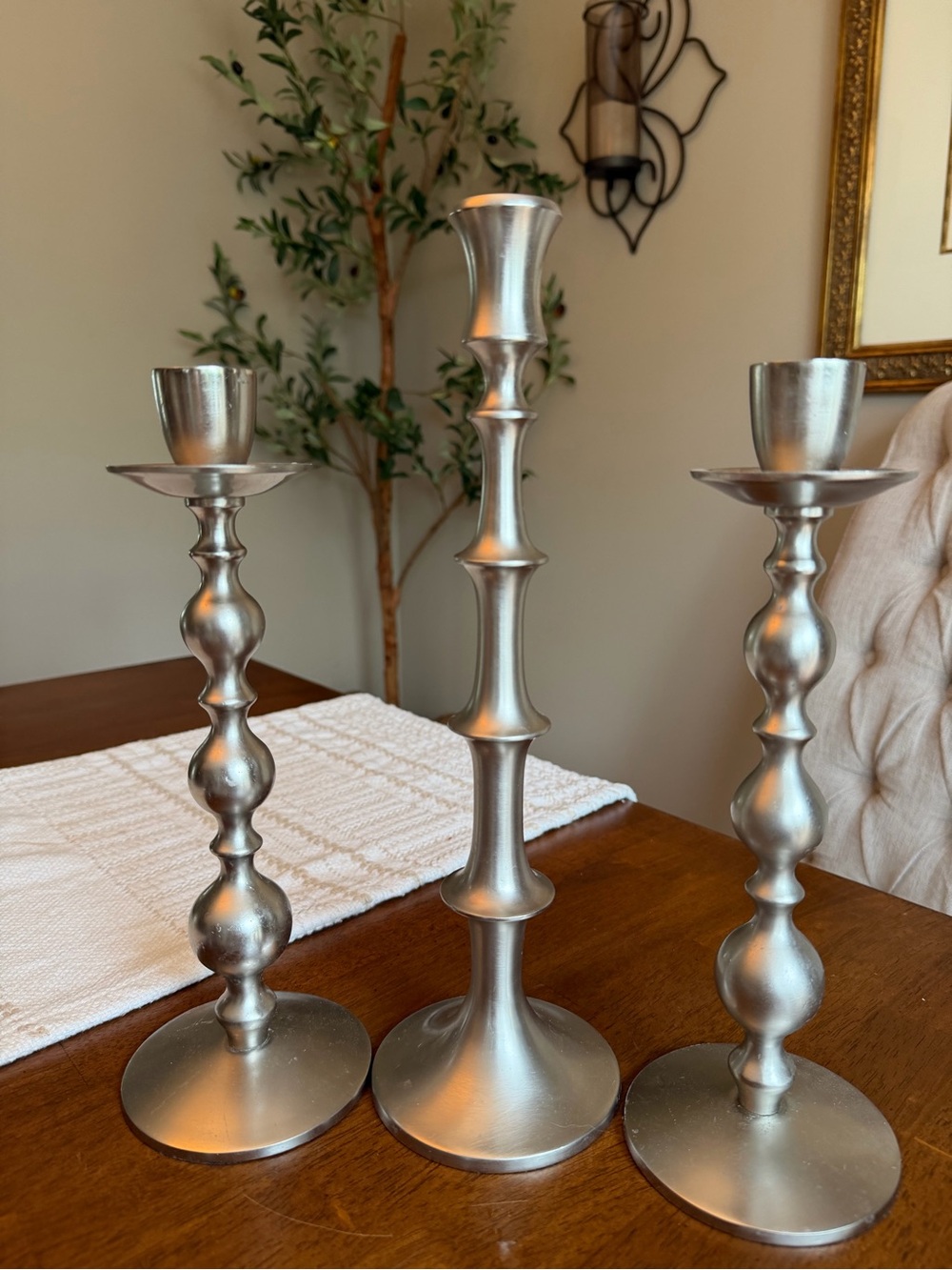 Crate&Barrel Silver Three-Piece Taper Candle Holder Set